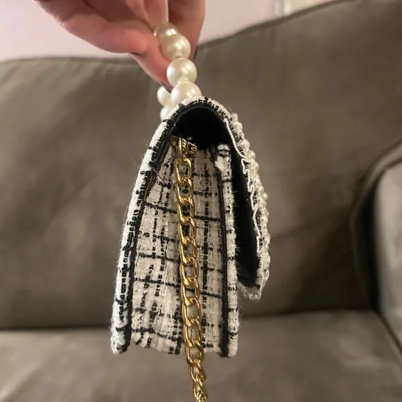 NEW Micro Mini Bag Navy Blue White Tweed Pearl Bow Pearl Top Handle Two-Way - Picture 9 of 12